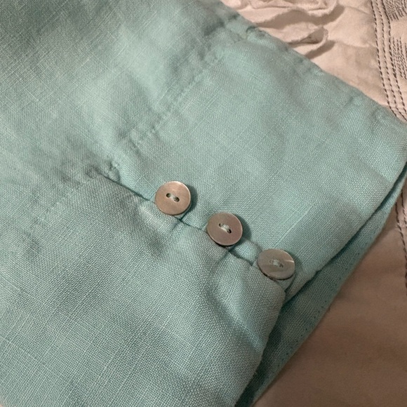 100%linen aqua blue ruffle button up tunic. 3/4 sleeve,  split hem. - Picture 14 of 16